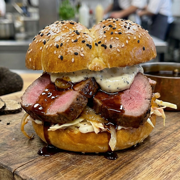 Kalbsrücken-Slider im Brioche mit Trüffel-Mayo & Portwein-Lack